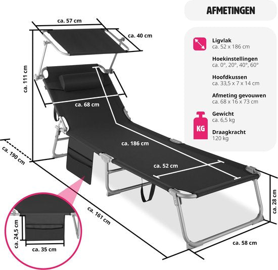 Chaise longue Tectake avec poche latérale et coussin de tête amovible - réglable - pliable - 68 x 190 x 28 cm - noir