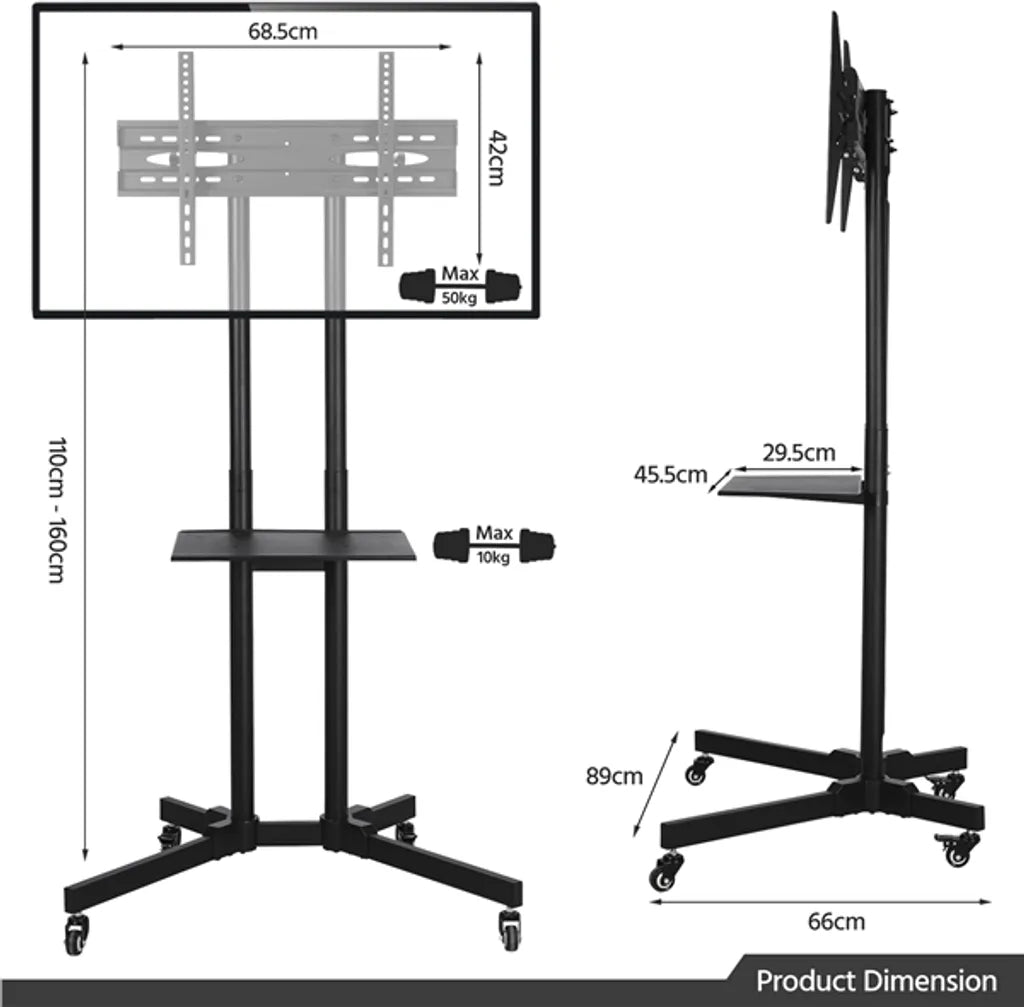 Support TV Yaheetech 32-75 pouces sur roulettes avec double barre, noir