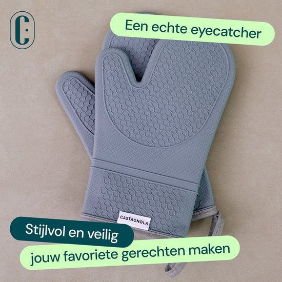Gants de four Castagnola - Sur-gants résistants à la chaleur - Gants de four en silicone - Résistants à la chaleur jusqu'à 250°C - Certifiés EN407 - Coton - Gris