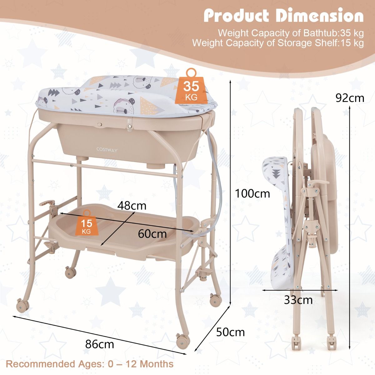 Table à langer Coast avec baignoire - pliable - 86 x 50 x 100 cm - beige