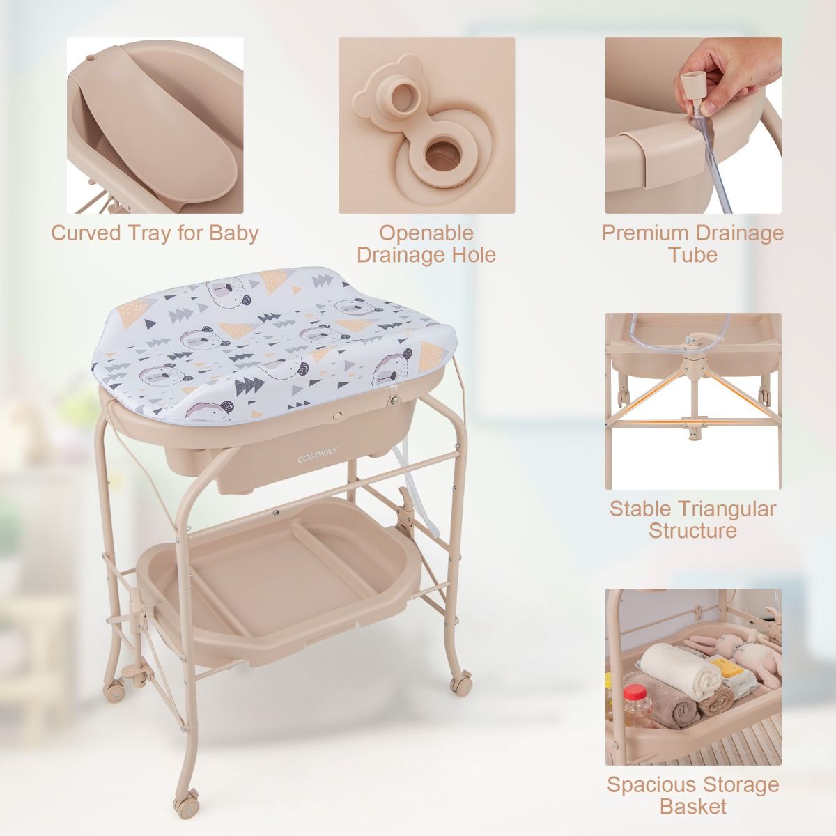 Table à langer Coast avec baignoire - pliable - 86 x 50 x 100 cm - beige