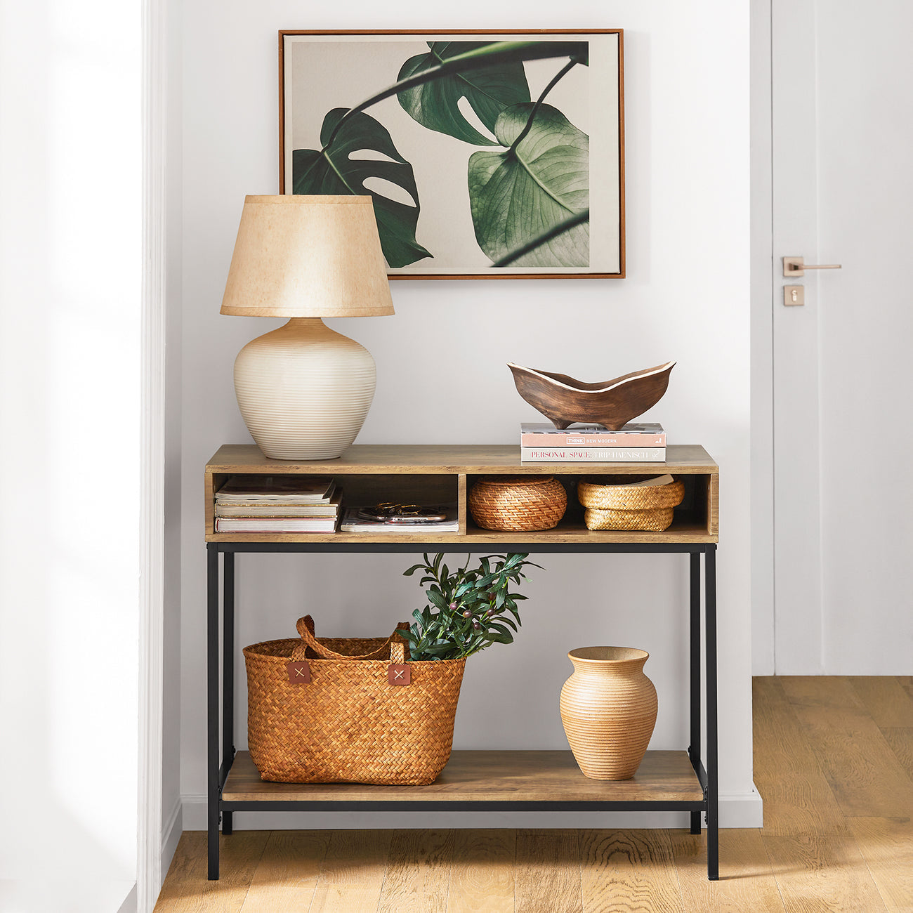 SoBuy Table d'appoint - 2 compartiments de rangement - Structure en acier - 100 x 40 x 80 cm - Bois/métal