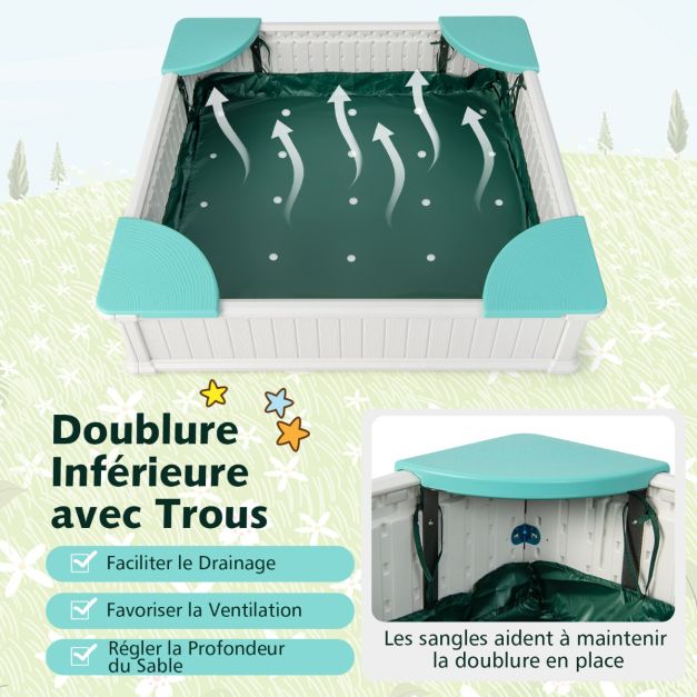 Coast Sandbox White - Bac à sable carré en PEHD pour enfants avec 4 sièges d'angle et couvercle - 123,5 x 123,5 x 31,5 cm