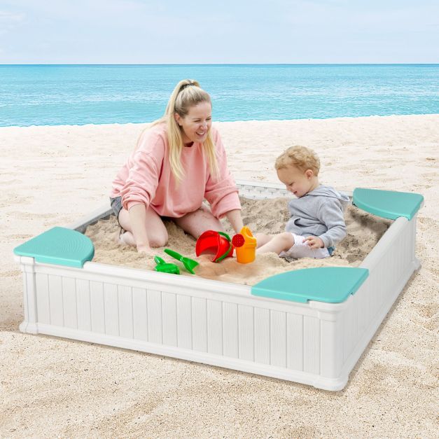 Coast Sandbox White - Bac à sable carré en PEHD pour enfants avec 4 sièges d'angle et couvercle - 123,5 x 123,5 x 31,5 cm
