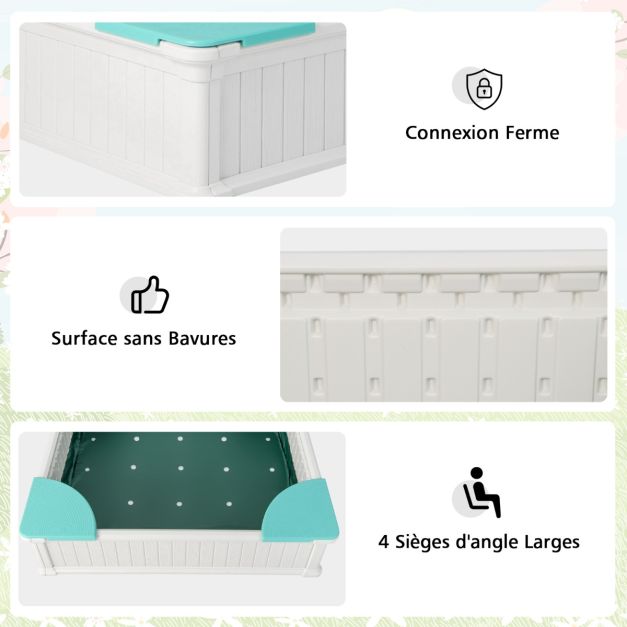 Coast Sandbox White - Bac à sable carré en PEHD pour enfants avec 4 sièges d'angle et couvercle - 123,5 x 123,5 x 31,5 cm