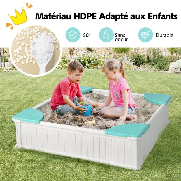 Coast Sandbox White - Bac à sable carré en PEHD pour enfants avec 4 sièges d'angle et couvercle - 123,5 x 123,5 x 31,5 cm