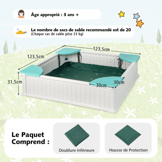 Coast Sandbox White - Bac à sable carré en PEHD pour enfants avec 4 sièges d'angle et couvercle - 123,5 x 123,5 x 31,5 cm