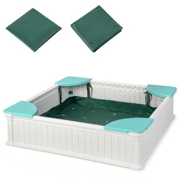 Coast Sandbox White - Bac à sable carré en PEHD pour enfants avec 4 sièges d'angle et couvercle - 123,5 x 123,5 x 31,5 cm