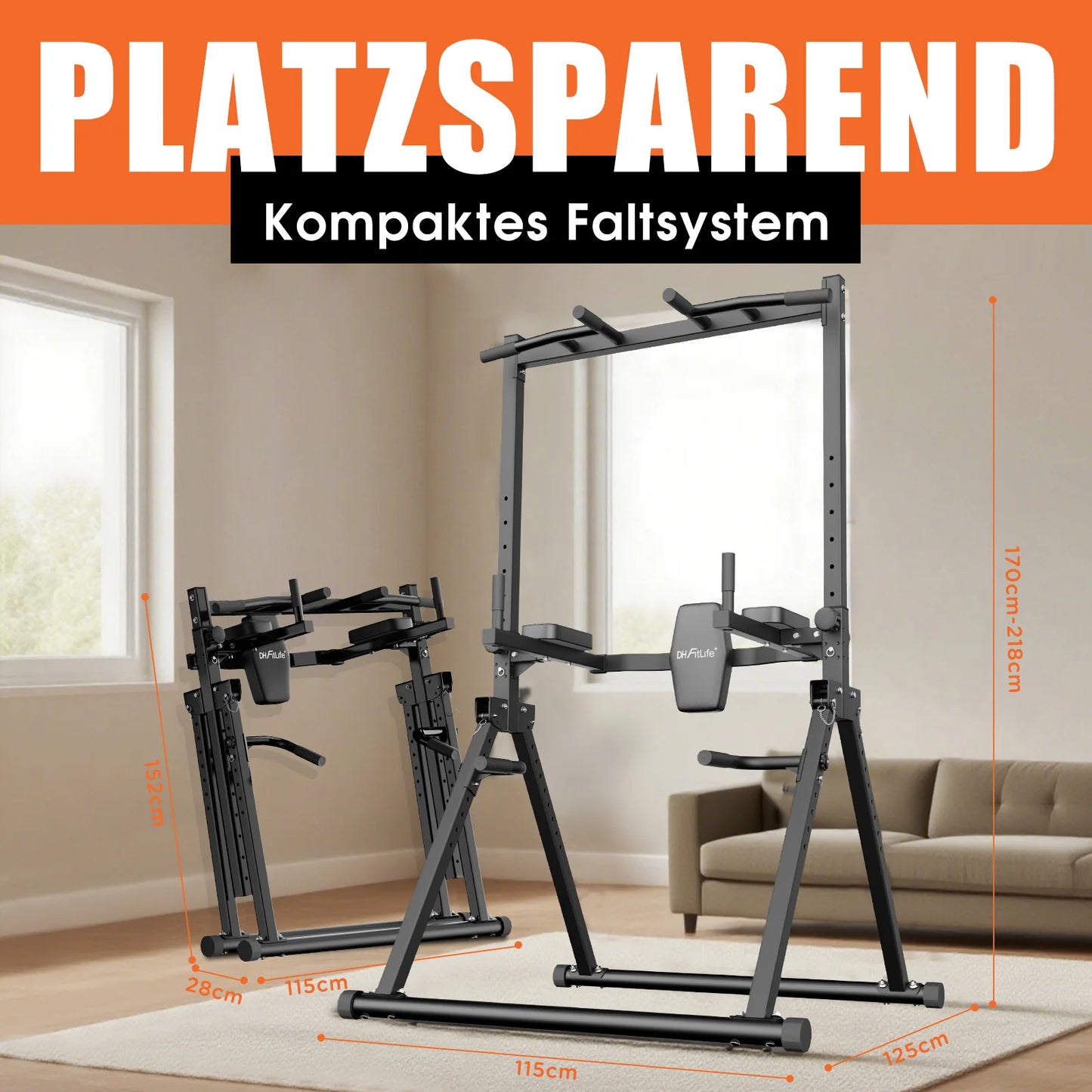 DH FitLife Power Tower pliable avec station de dips – Barre de traction autonome jusqu'à 150 kg pour salle de sport à domicile