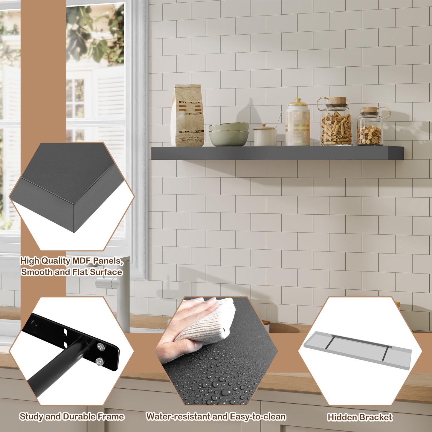 WOLTU RG9368dgr - Étagère murale suspendue - MDF plaqué PVC - Gris foncé - 50 x 23 x 3,8 cm
