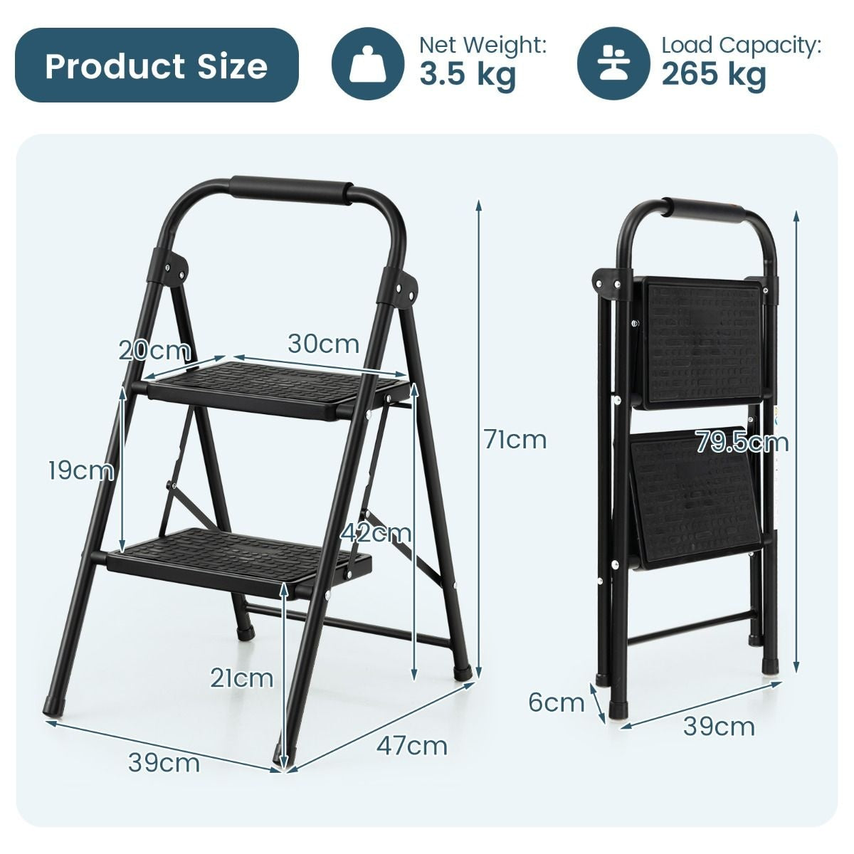 Échelle de cuisine Coast - 2 marches - Max 265 kg - 47 x 39 x 71 cm - Noir