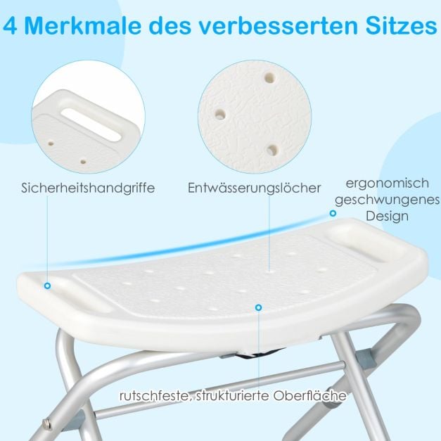 Coast Shower Chair White - Tabouret de douche pliable avec hauteur réglable et pieds antidérapants - 53 x 50 x 52,5 cm