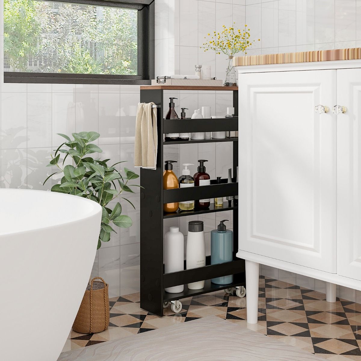 Coast Bathroom Rack On Wheels - 4-Layers - 48 x 13 x 81 cm - Black with Brown