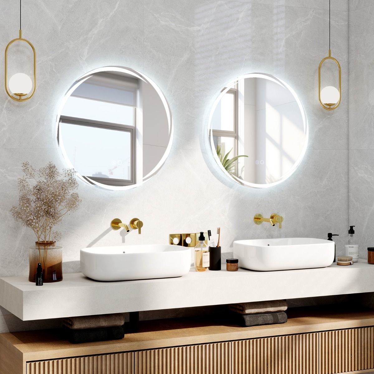 Coast LED Miroir de salle de bain Rond 60x60 cm Argent - Double éclairage - Dimmable - Anti-buée - 3 couleurs de lumière