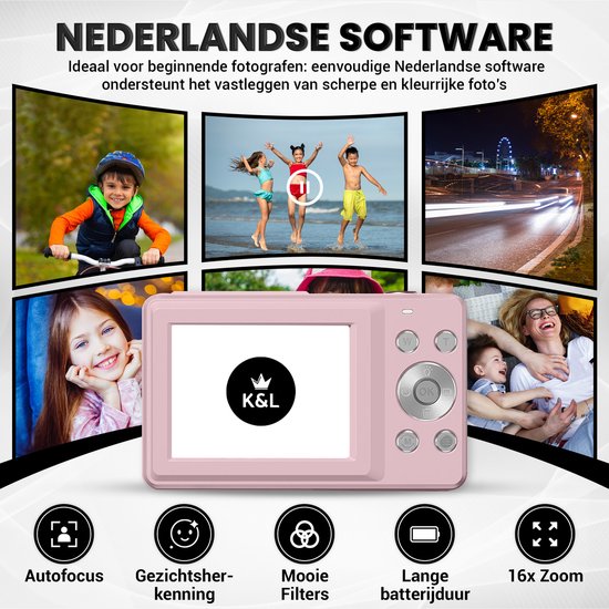 Appareil photo numérique K&L - Appareil photo - Appareil photo compact - Appareil photo pour vlog - Pour enfants - Avec carte mémoire de 32 Go - Rose