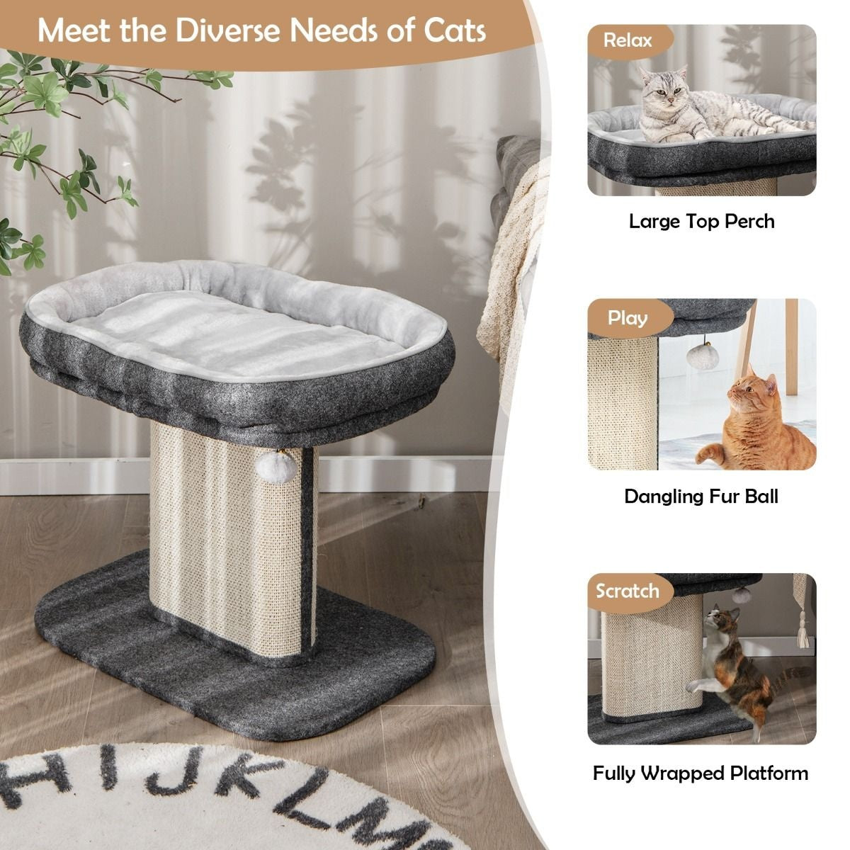 Arbre à griffes Coast Modern Meubles pour chats avec grand fauteuil en peluche et planche à griffes en sisal gris