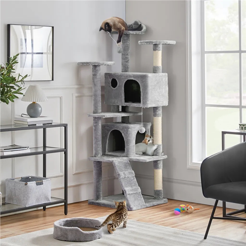 Arbre à chat Yaheetech de 178 cm avec deux niches pour chats, gris clair
