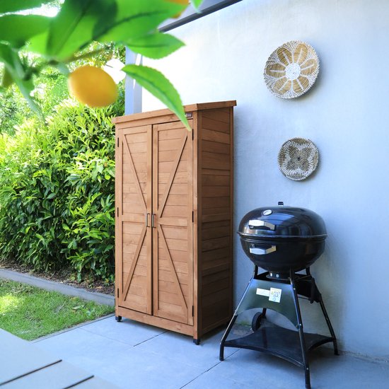 Armoire de rangement en bois AXI Hugo, couleur café - Armoire de jardin avec toit galvanisé - 3 étagères et un fond - Bois certifié FSC - Fermeture magnétique - 85 x 52 x 174 cm