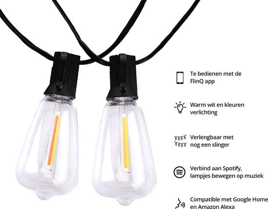 FlinQ Smart Light String Premium - Guirlande lumineuse LED pour l'extérieur - Eclairage de jardin - Cordon de 15 mètres - Guirlande avec lumières RGB - Atmosphere Lights / Partylights - Party Lights
