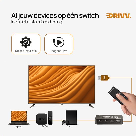 Drivv. Commutateur HDMI 4K 60Hz - 3 entrées 1 sortie - Télécommande incluse - Commutation automatique - 780/1080p/4K - Noir