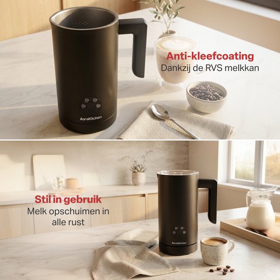 Mousseur à lait AoraKitchen - 300 ml - Mousseur à lait - Acier inoxydable - Électrique - 4-en-1 - Revêtement antiadhésif - 500 W