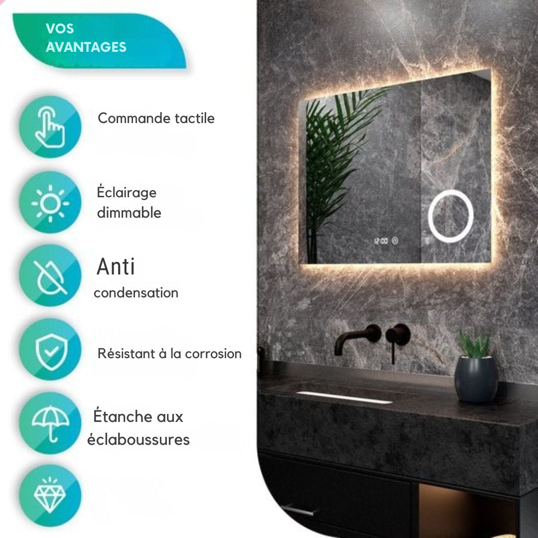 Miroir de salle de bain - Mirlux  - avec éclairage LED et chauffage - rectangulaire - anti-condensation - 80x60CM