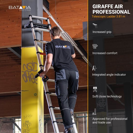 Batavia Échelle télescopique 3,81 m - Convient pour l'intérieur et l'extérieur. Légère, compacte, construction en aluminium et sûre - Giraffe Air® Pro