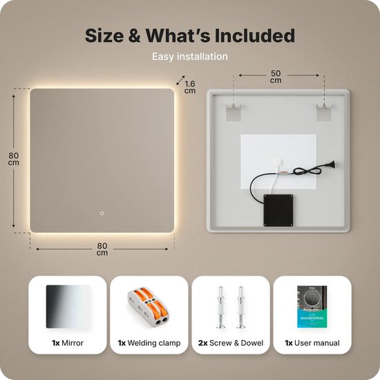 Miroir de salle de bains Mirlux avec éclairage LED et chauffage – Miroir mural carré – Miroir de douche anti-buée – Sans cadre – 80 x 80 cm
