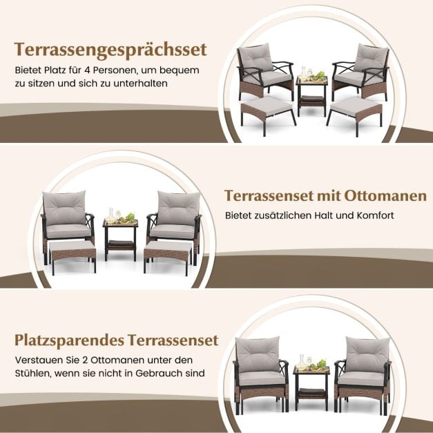 Coast Garden Set 5-Piece - Ensemble de balcon en polyrotannes avec chaises, hockers et table - Brown