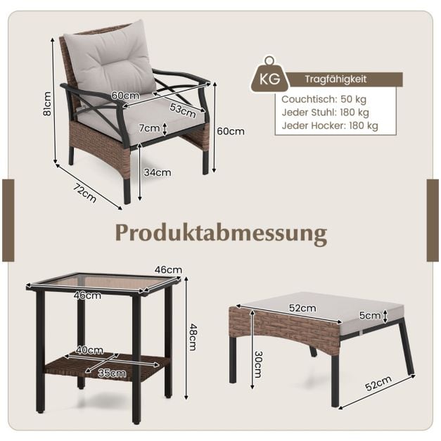 Coast Garden Set 5-Piece - Ensemble de balcon en polyrotannes avec chaises, hockers et table - Brown
