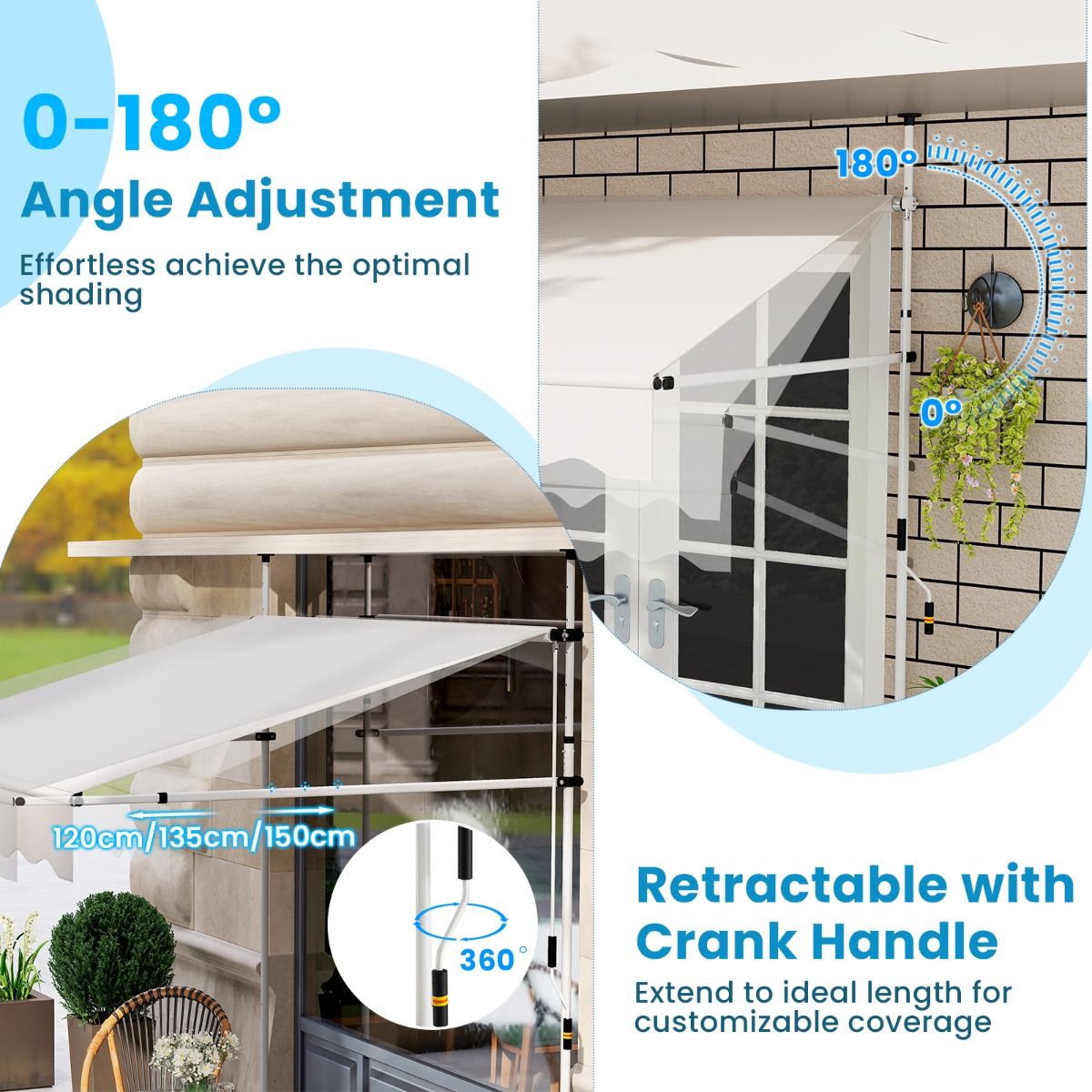 Parasol côtier 200 cm blanc - Parasol de balcon sans perçage, réglable en hauteur et résistant aux UV avec commande manuelle