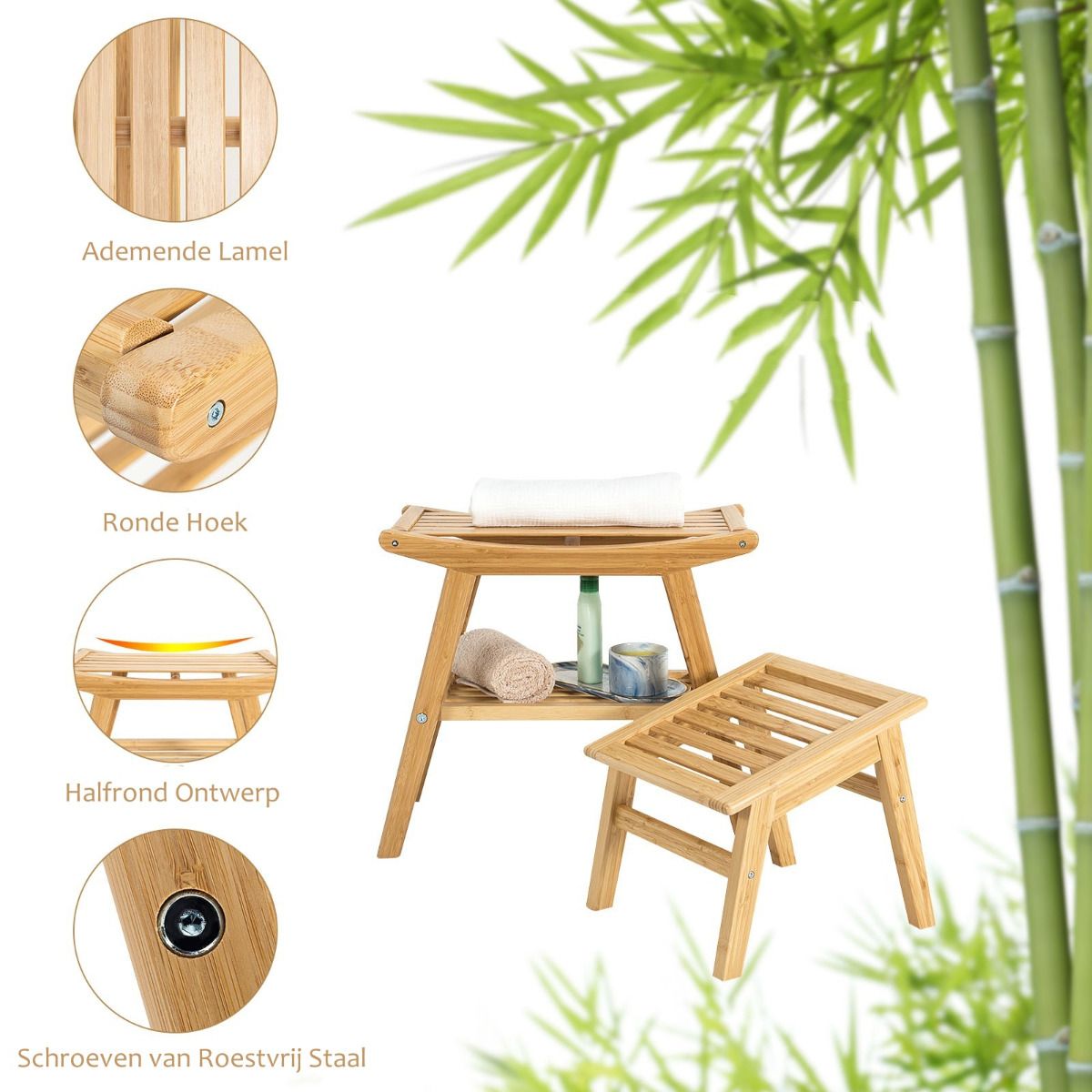 Tabouret de douche Coast - Bambou - Max. 150 kg - 2 pièces