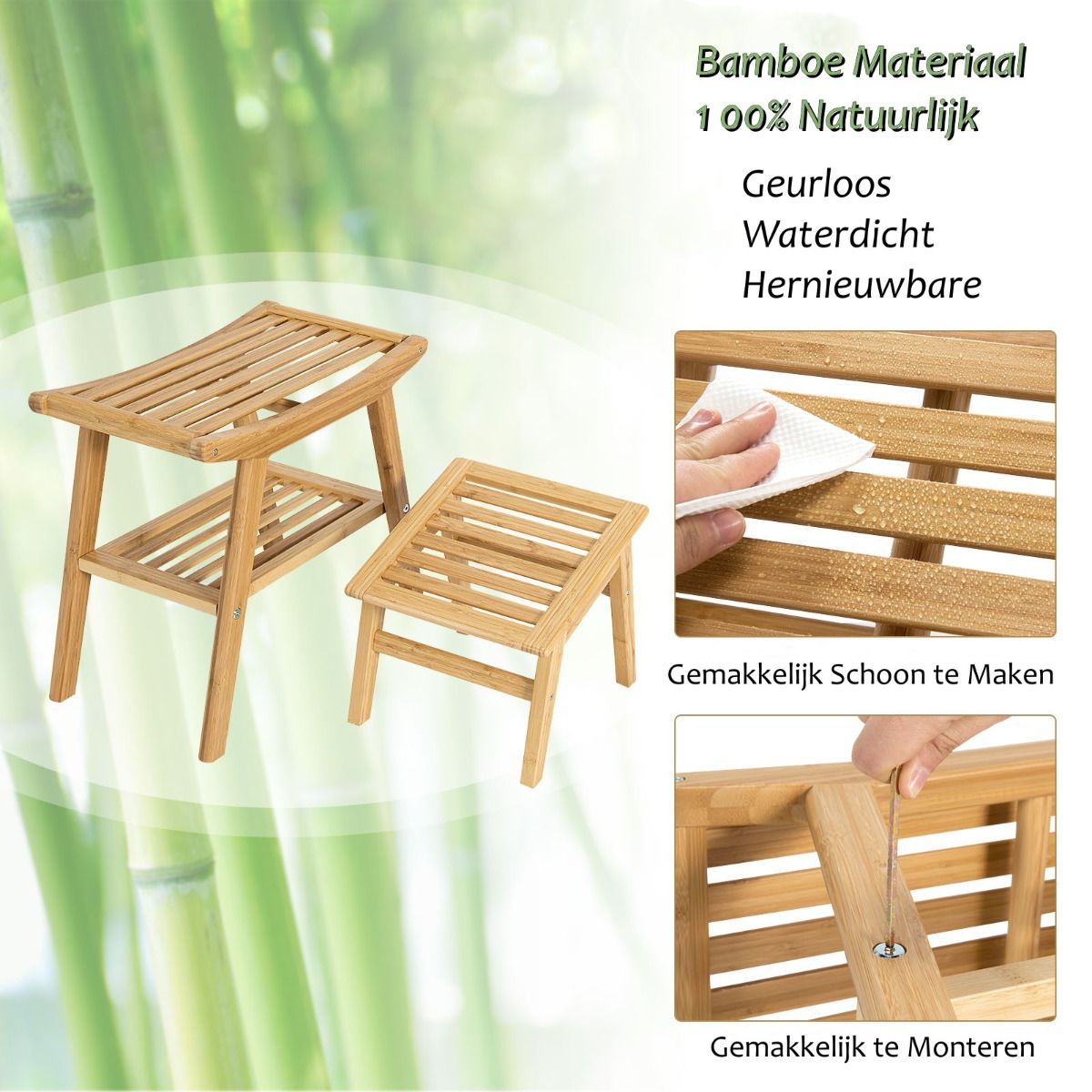 Tabouret de douche Coast - Bambou - Max. 150 kg - 2 pièces