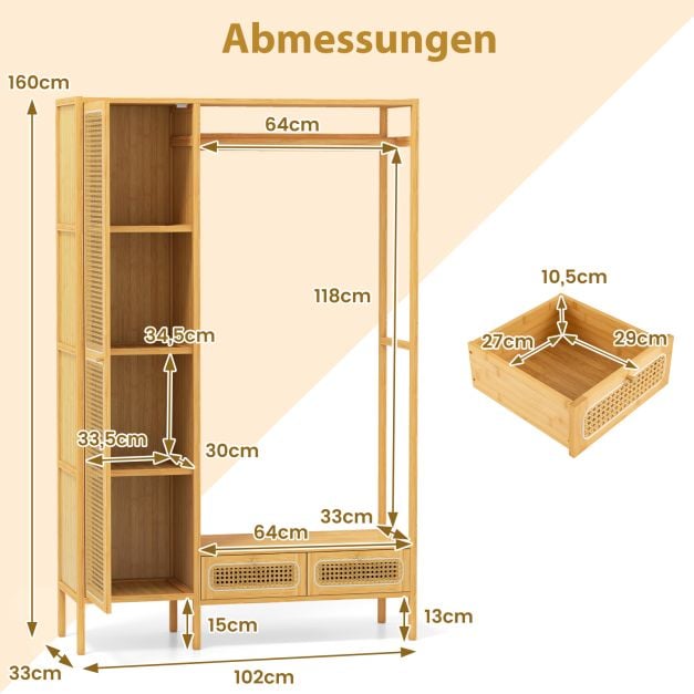 Coast Bamboo Clothes Rack Natural - Penderie avec placard, tringle à vêtements et 2 tiroirs - 102 x 33 x 160 cm