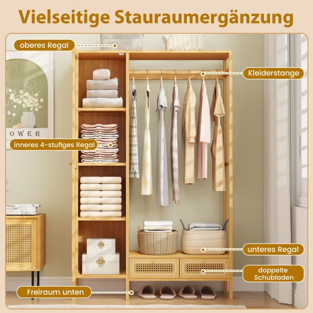 Coast Bamboo Clothes Rack Natural - Penderie avec placard, tringle à vêtements et 2 tiroirs - 102 x 33 x 160 cm