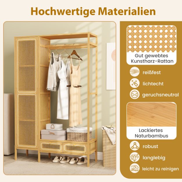 Coast Bamboo Clothes Rack Natural - Penderie avec placard, tringle à vêtements et 2 tiroirs - 102 x 33 x 160 cm