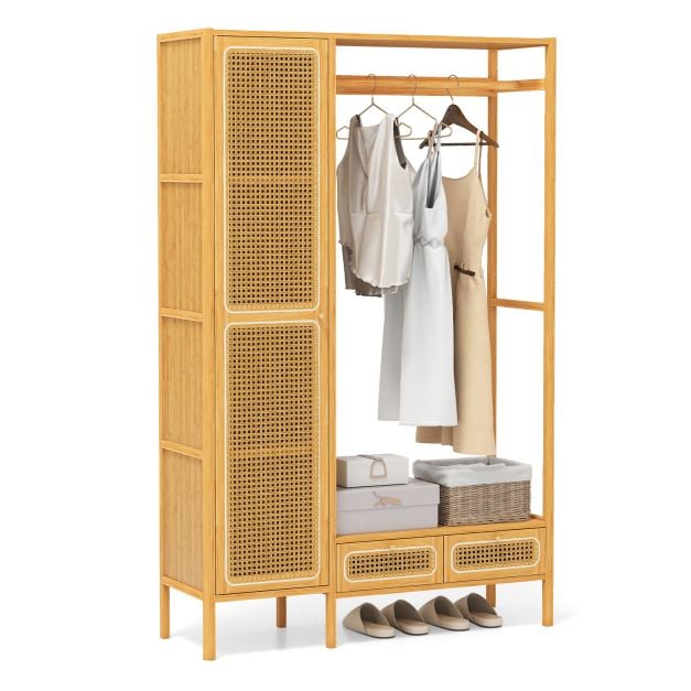 Coast Bamboo Clothes Rack Natural - Penderie avec placard, tringle à vêtements et 2 tiroirs - 102 x 33 x 160 cm