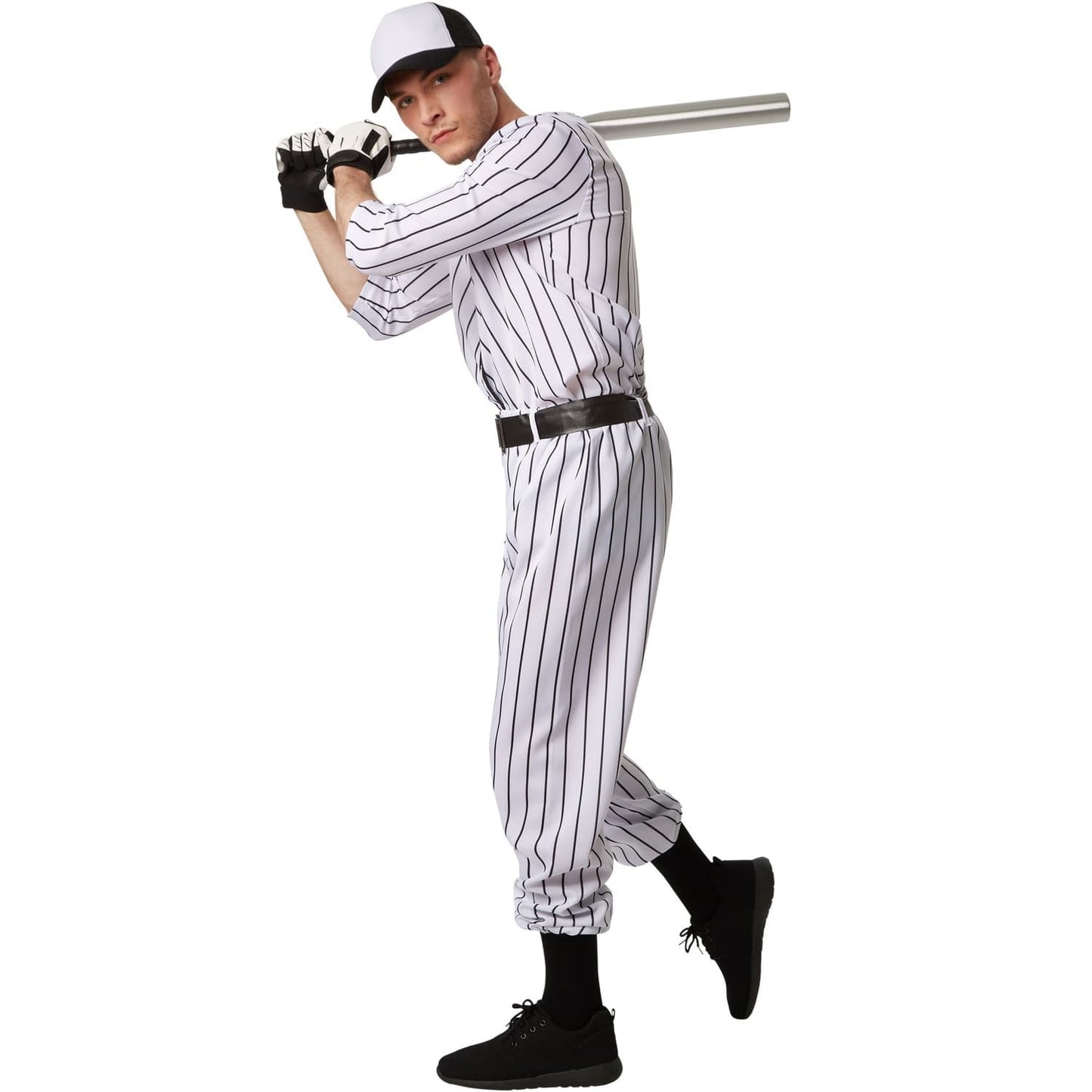 costume de baseball pour homme - taille m - noir/blanc - comprend le pantalon, le haut, la ceinture et les chaussettes