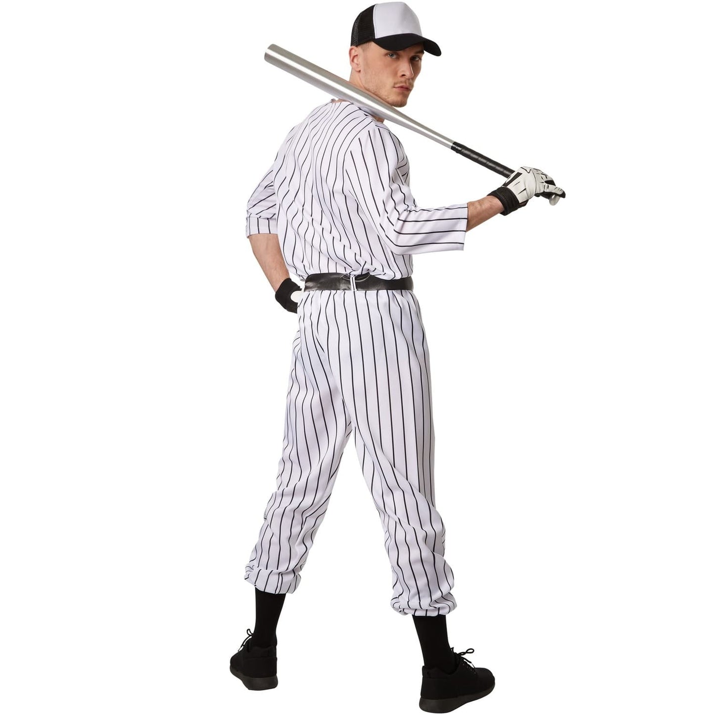 costume de baseball pour homme - taille m - noir/blanc - comprend le pantalon, le haut, la ceinture et les chaussettes