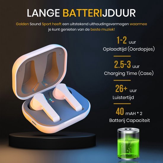 Ecouteurs sans fil Golden Sound - Ecouteurs Bluetooth - Ecouteurs pour le sport - Adaptés à tous les ordinateurs portables et smartphones - Blancs