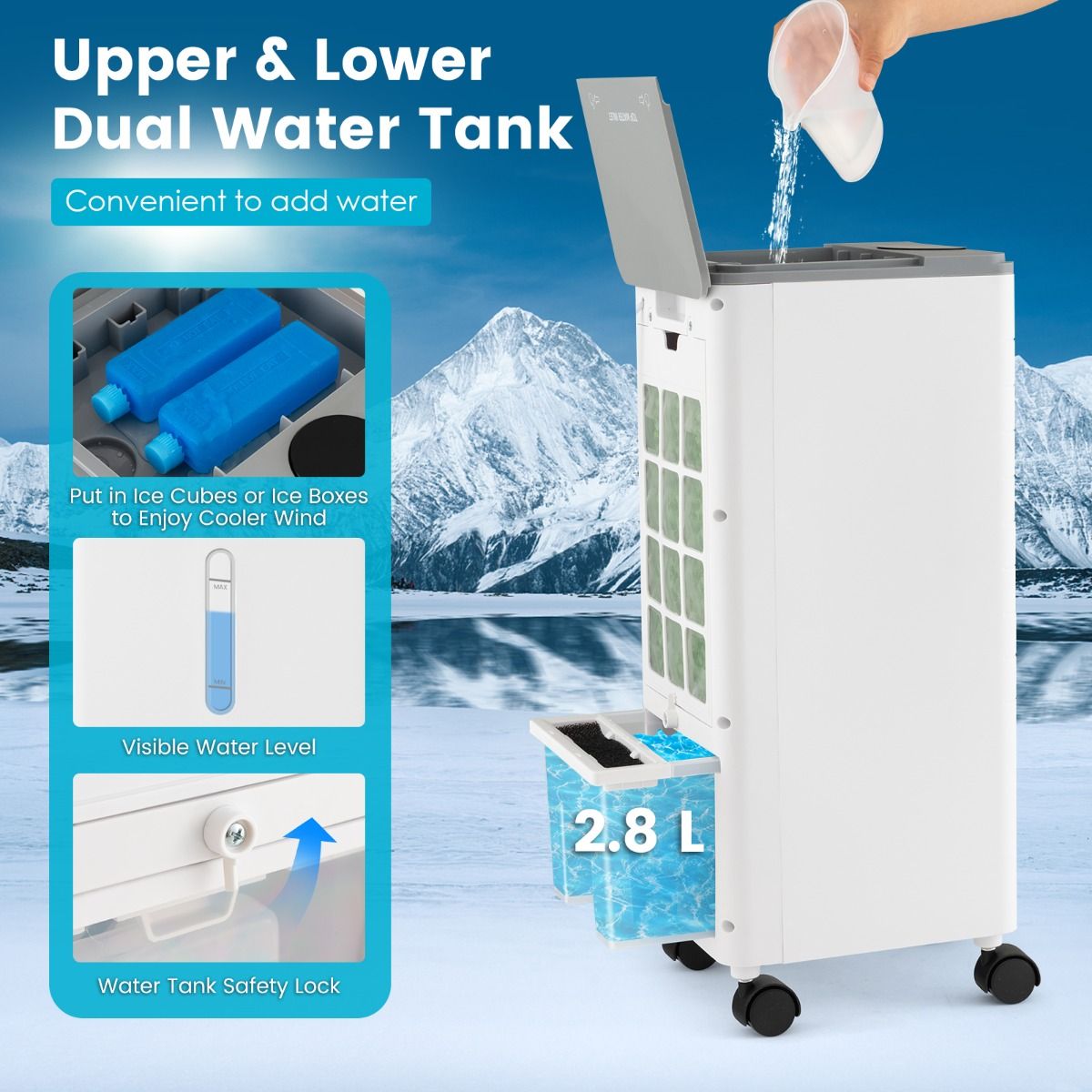 Coast Mobile Air Conditioner - 3 en 1 - Sans tuyau d'évacuation - 60W - 2.8L - 25.5 x 22 x 59 cm - Blanc