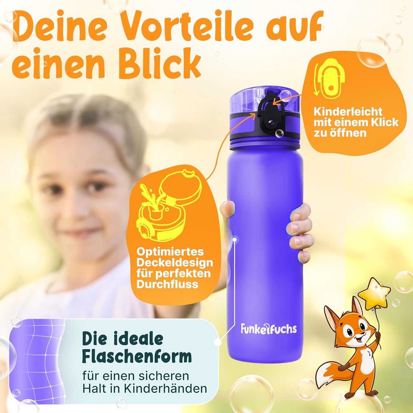 Funkelfuchs® gourde pour enfants - 500ml, violet - gazeuse - 100% étanche - bouteille d'eau lavable au lave-vaisselle - pour la maternelle, l'inscription à l'école, l'école, le sport