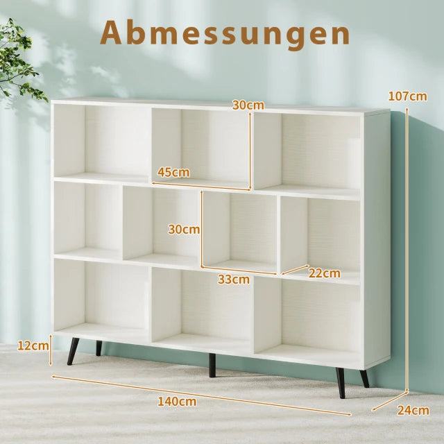 Bibliothèque Coast - 3 niveaux - Pieds en bois - Rangement cubique - 140 cm - Blanc