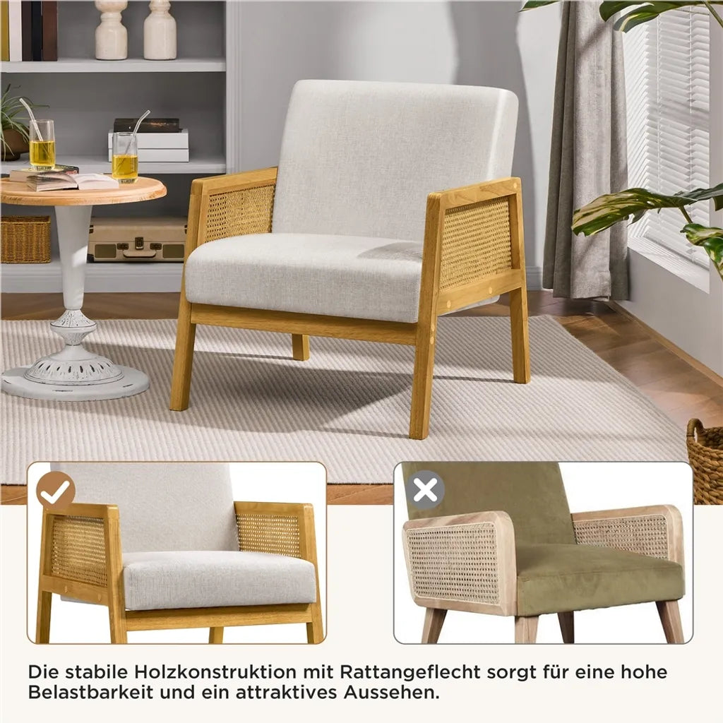 Fauteuil Yaheetech 65,5 x 71 x 74,5 cm - Beige - Fauteuil de salon rembourré avec accoudoirs en rotin
