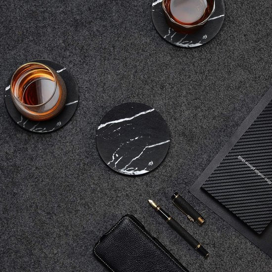 Castagnola Sous-verres en faux cuir - Sous-verres pour verres - Sous-verres design avec support - Sous-verres en cuir - Cuir - Lot de 16 - Aspect marbré - Noir/Blanc
