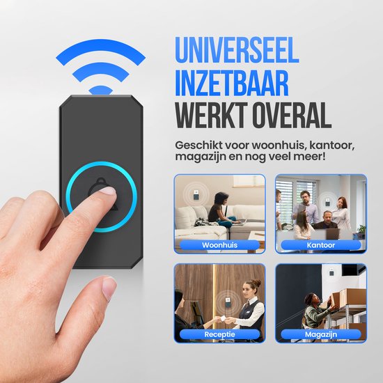 Strex Wireless Doorbell - Récepteur alimenté par le secteur - Portée de 300 m - 60 mélodies - Sans fil - Résistant à l'eau - Noir