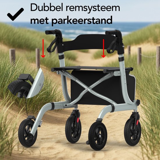 Rollator Brixy - Léger et pliable - Fonction siège - Dossier, sac et support de canne - Gris
