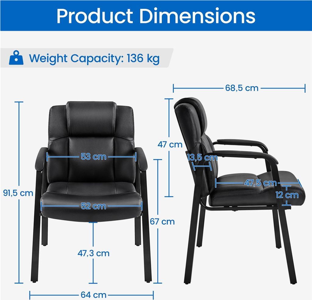 Yaheetech Lot de 2 chaises de bureau - Chaises de salle à manger avec accoudoirs et dossier - Simili cuir - 64 x 68,5 x 91,5 cm - Noir
