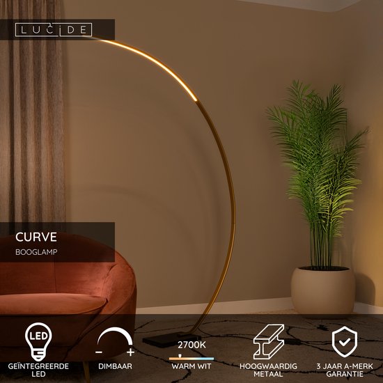 Lucide CURVE - Lampe arquée - LED à intensité variable - 1x15 W 2700 K - Or mat / Laiton