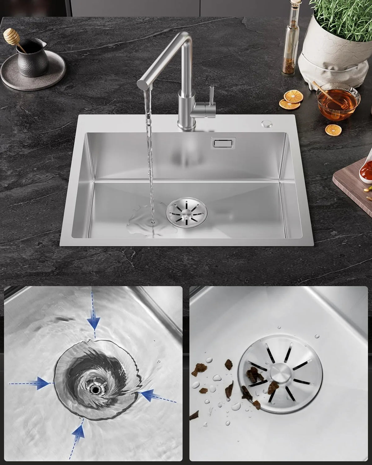 Évier Sofetiy en acier inoxydable 60 x 48 cm - Cuve simple avec siphon - Insonorisé et extra-épais (3 mm) - Acier inoxydable brossé